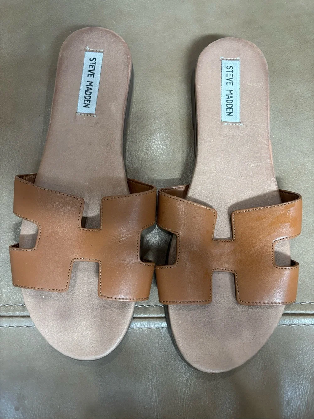 Steve Madden Cognac Brown Leather Slide Sandals